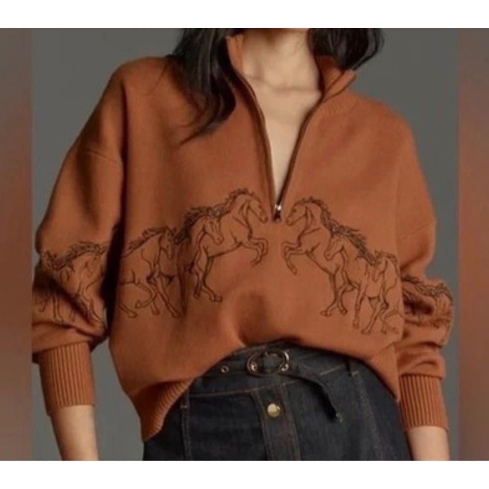 Anthropologie Maeve Montana Mock Neck Half Zip Horse Embroidered Sweater
Size: L